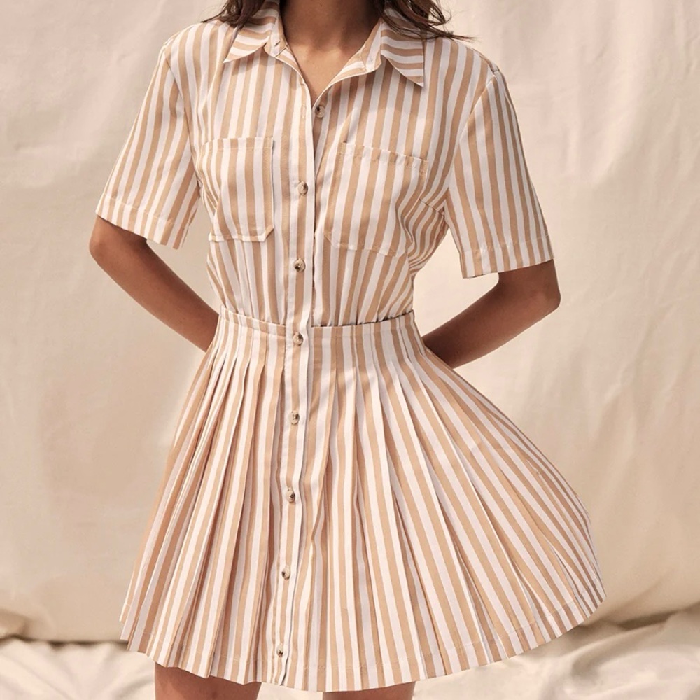 NWT Saylor Wilda Shirt Dress Tan White Pleated Stripe Button Front M